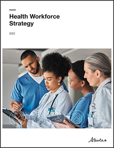 Cover page of the Health Workforce Strategy. Image of 4 healthcare workers looking at a chart.