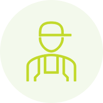 Green icon of a person wearing a hat and overalls