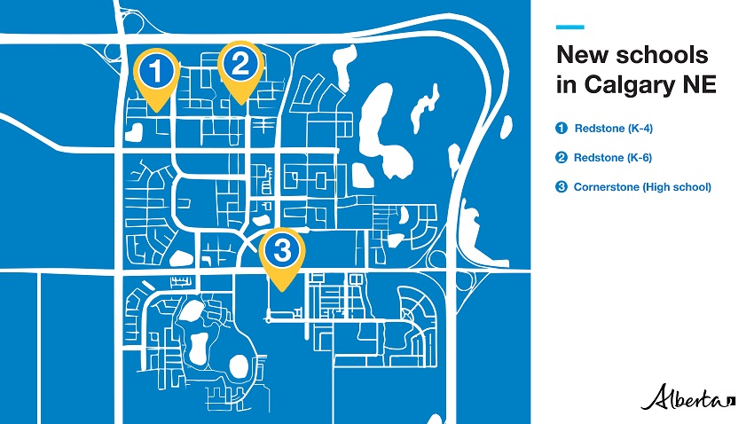 Graphic depicting three new schools in Calgary north east.