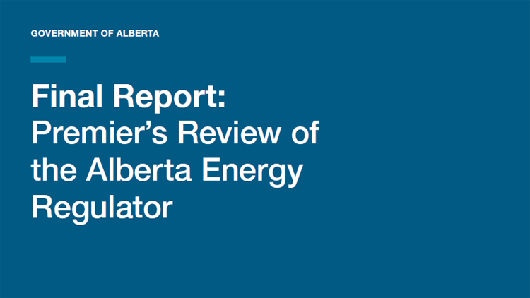 White text on blue background: Government of Alberta Final Report: Premier's Review of the Alberta Energy Regulator