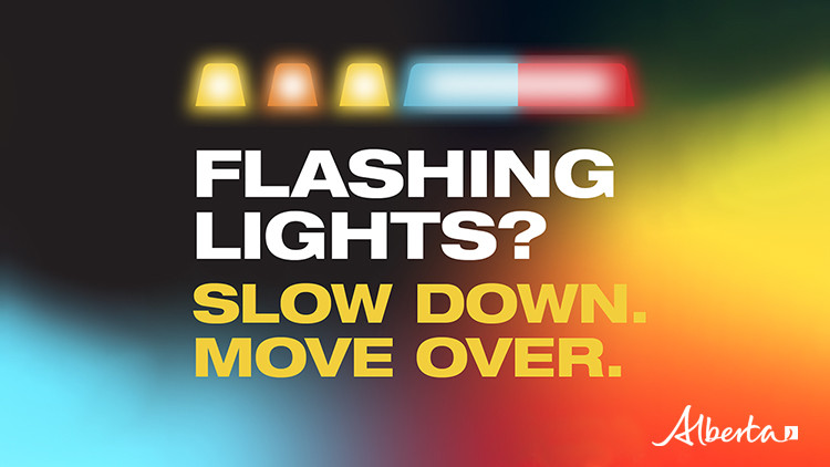A graphic with text indicating drivers to slow down and move over when they see flashing lights.