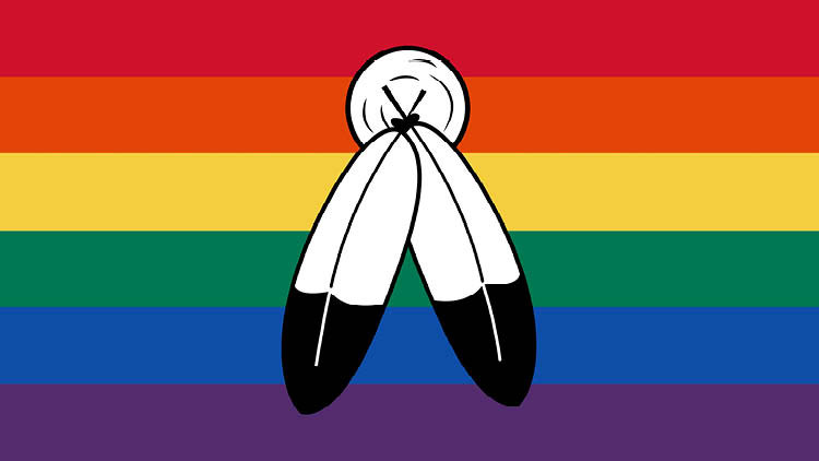 Indigenous head dress feathers over top of rainbow pride flag