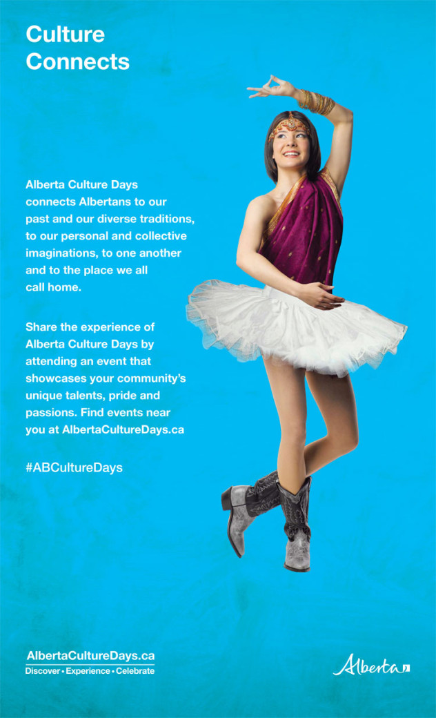 Culture Connects poster thumbnail - blue background with white text and a ballerina wearing a white tutu, one shoulder pink top and cowboy boots