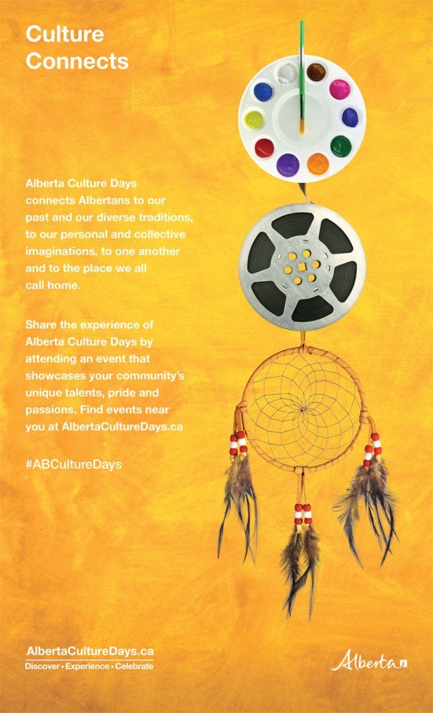 Culture Connects poster thumbnail: yellow/orange background with white text and a circular watercolour paint tray and paintbrush above a movie reel and dream catcher