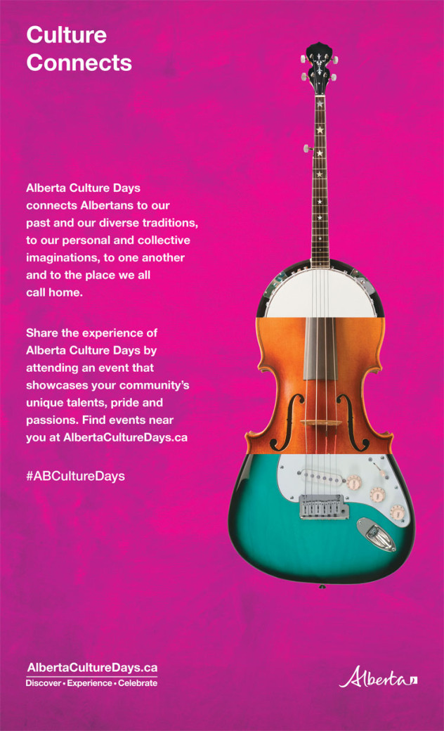 Culture Connects poster thumbnail - white text on pink background with a partial banjo, violin and guitar spliced together