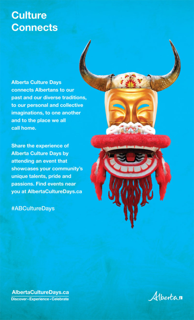 Culture Connects poster thumbnail - white text on blue background with a mask comprised of horns, a gold face and a red mouth
