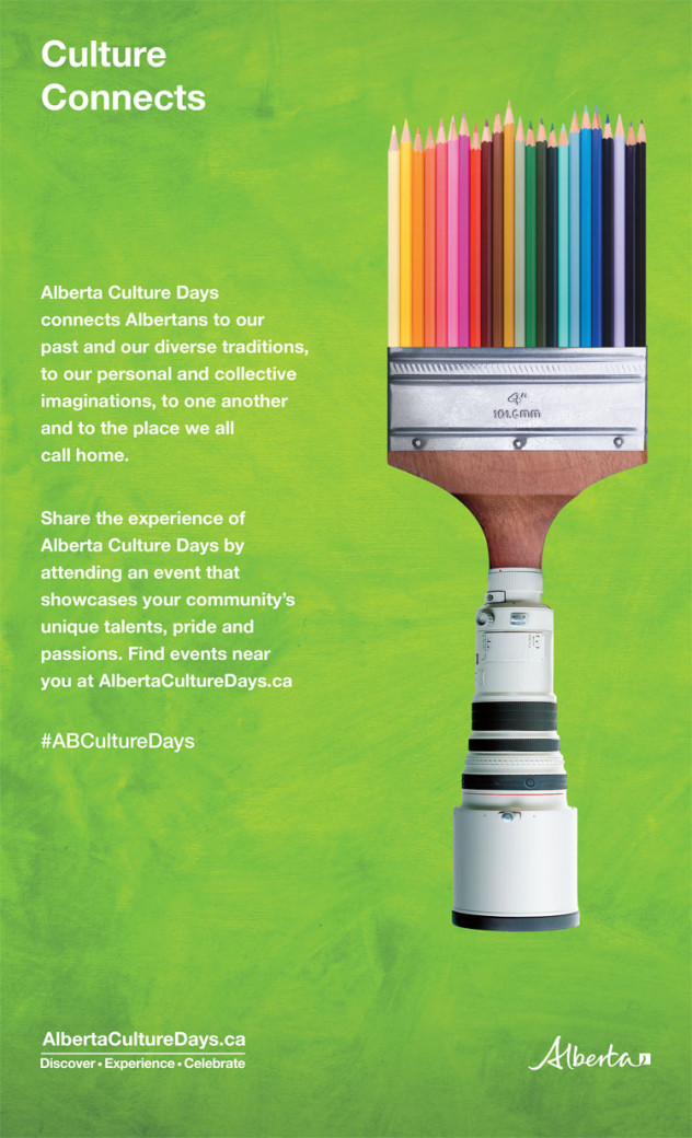 Culture Connects poster thumbnail: White text on green background with an image of a paintbrush with pencil crayons for the brush