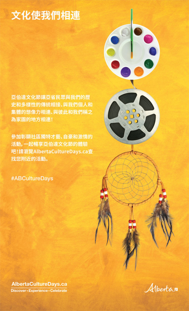 Culture Connects traditional Chinese poster thumbnail with white Chinese characters in a yellow/orange background, water colour paints and paintbrush, movie reel and dream catcher