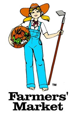 Sunnygirl logo: Girl with blonde pigtails, wearing an orange cowboy hat, red neck scarf, white t-shirt, and blue overalls, holding a rake and basket of vegetables. Black text at the bottom: Farmers' Market