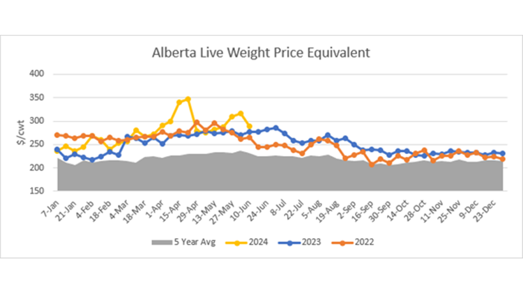 Line graph: Alberta Live Weight Price Equivalent