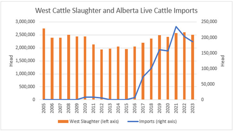Chart: West Cattle Slaughter and Alberta Live Cattle Imports
