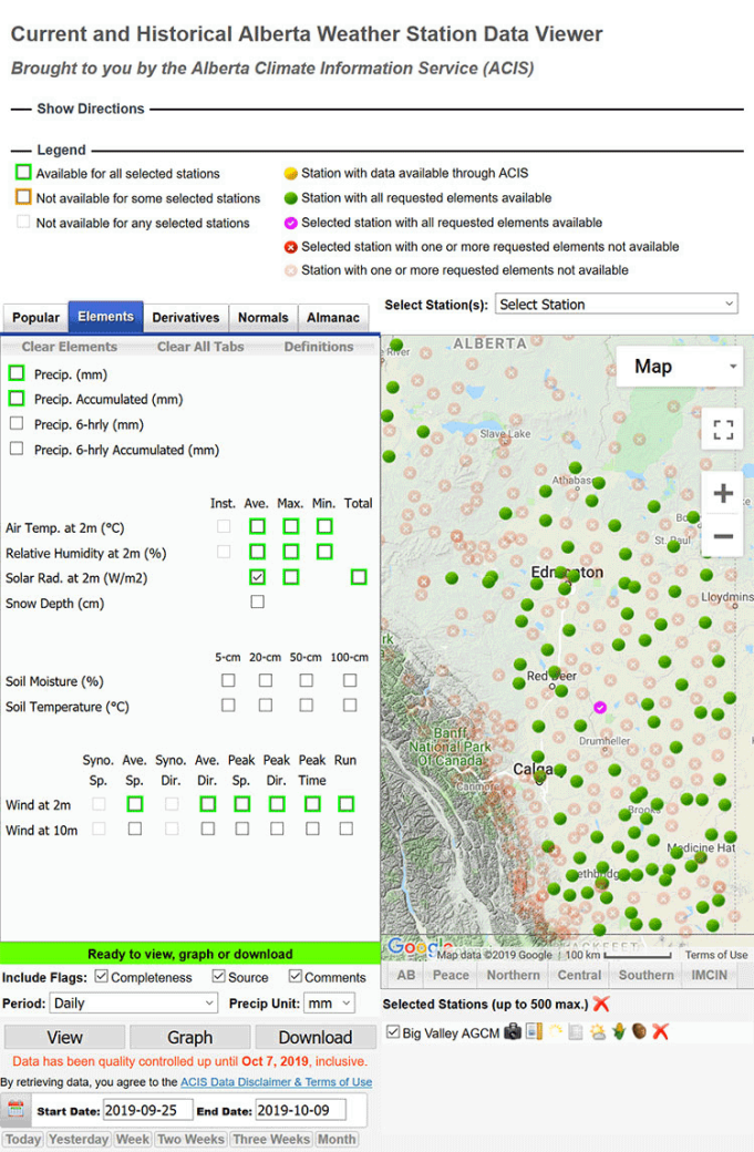 Current and historical Alberta Weather Station Data Viewer layers from Alberta Climate Information Service ACIS.