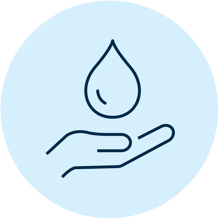 Icon of a giant water droplet hovering over an open hand. 