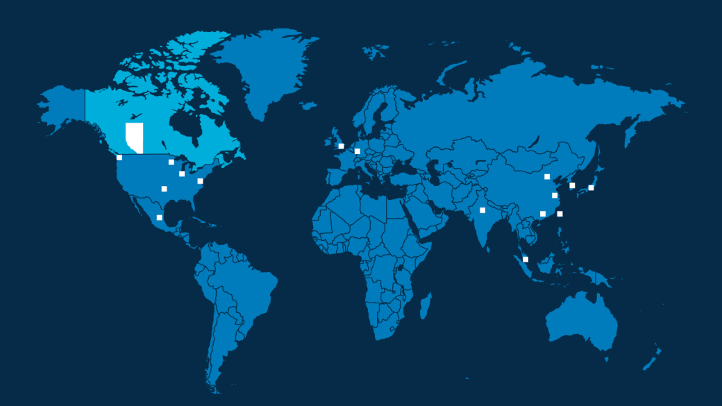 Map of the world with Alberta highlighted and indicators for where each international office is located around the world.