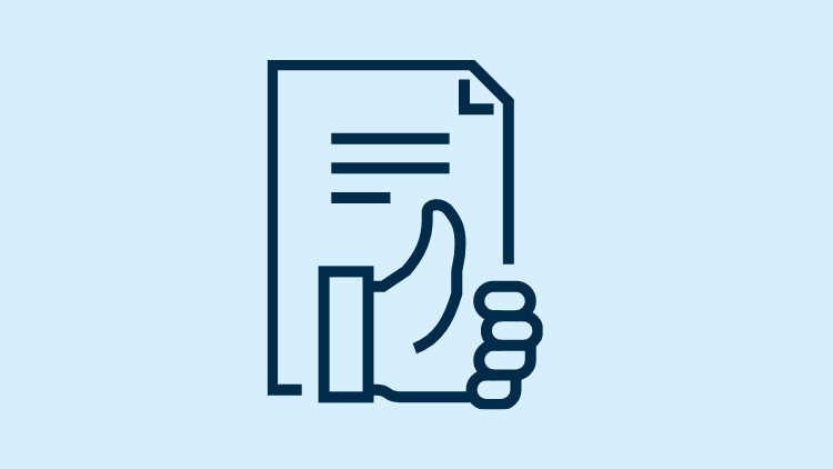Icon of a hand with a thumb up in front of paper