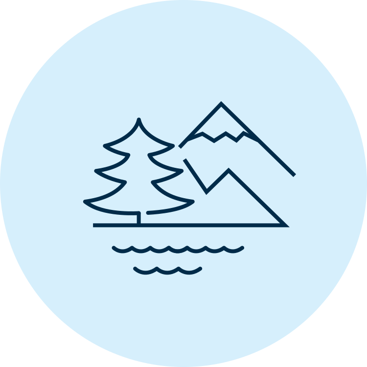 Icon of mountains, trees and ocean